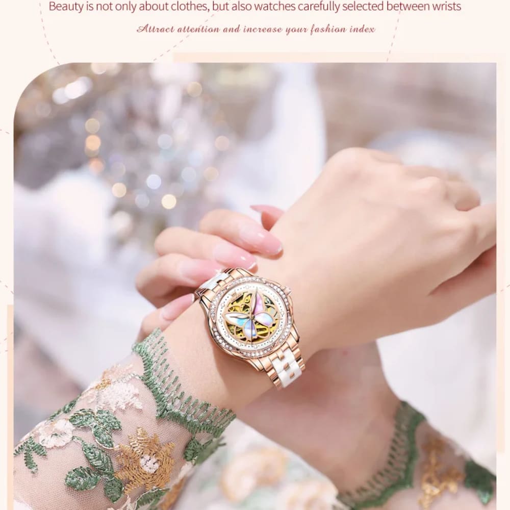 OLEVS  Rose Gold Elegant Butterfly Mechanical Watch for Women